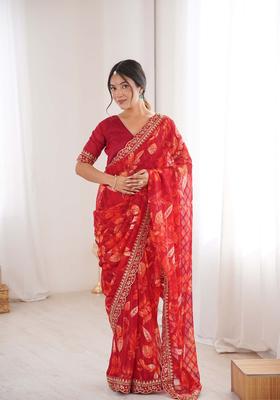 Red Floral Print Marble Saree Set