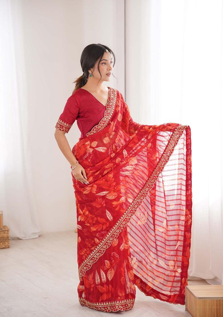 Red Floral Print Marble Saree Set - Indya