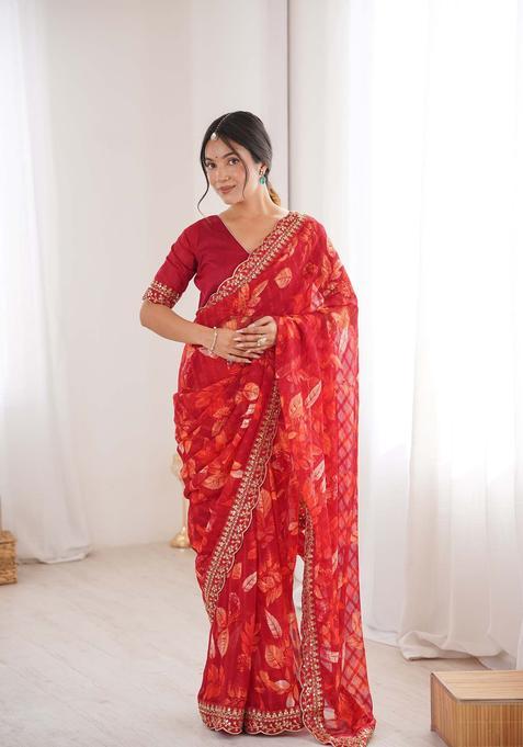 Red Floral Print Marble Saree Set
