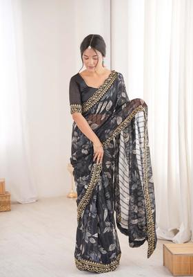 Black Floral Print Marble Saree Set