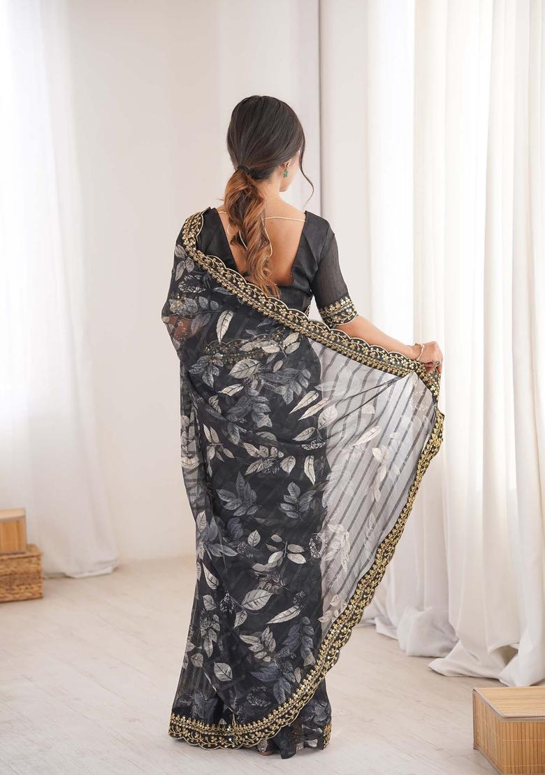 Black Floral Print Marble Saree Set - Indya