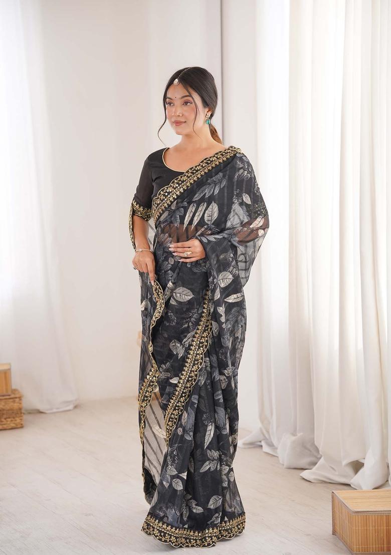 Black Floral Print Marble Saree Set - Indya