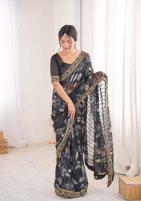 Black Floral Print Marble Saree Set