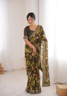 Olive Floral Print Marble Saree Set