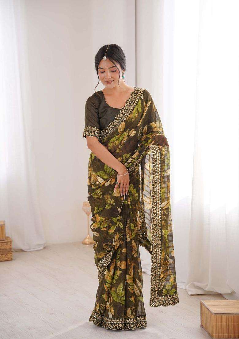 Olive Floral Print Marble Saree Set for Diwali and Festive Wear - Indya