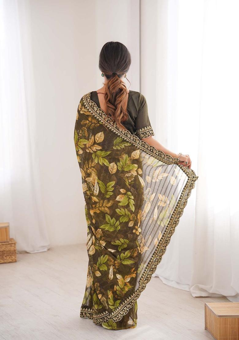 Olive Floral Print Marble Saree Set - Indya