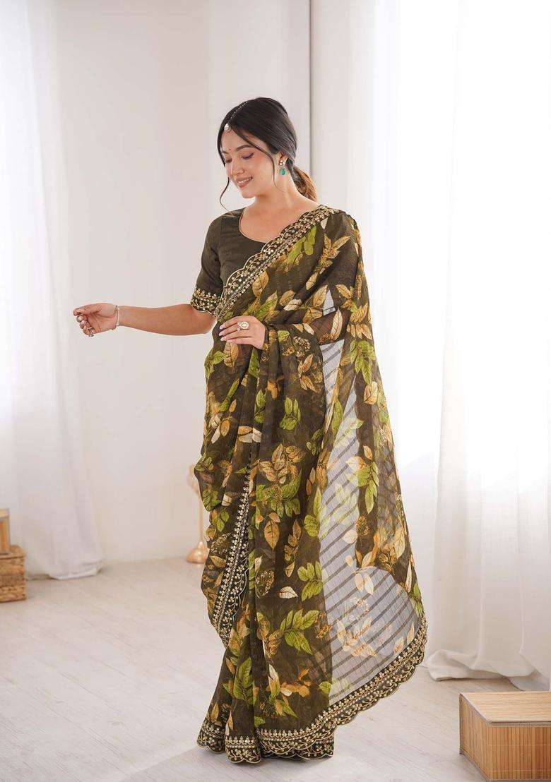 Olive Floral Print Marble Saree Set for Diwali and Festive Wear - Indya