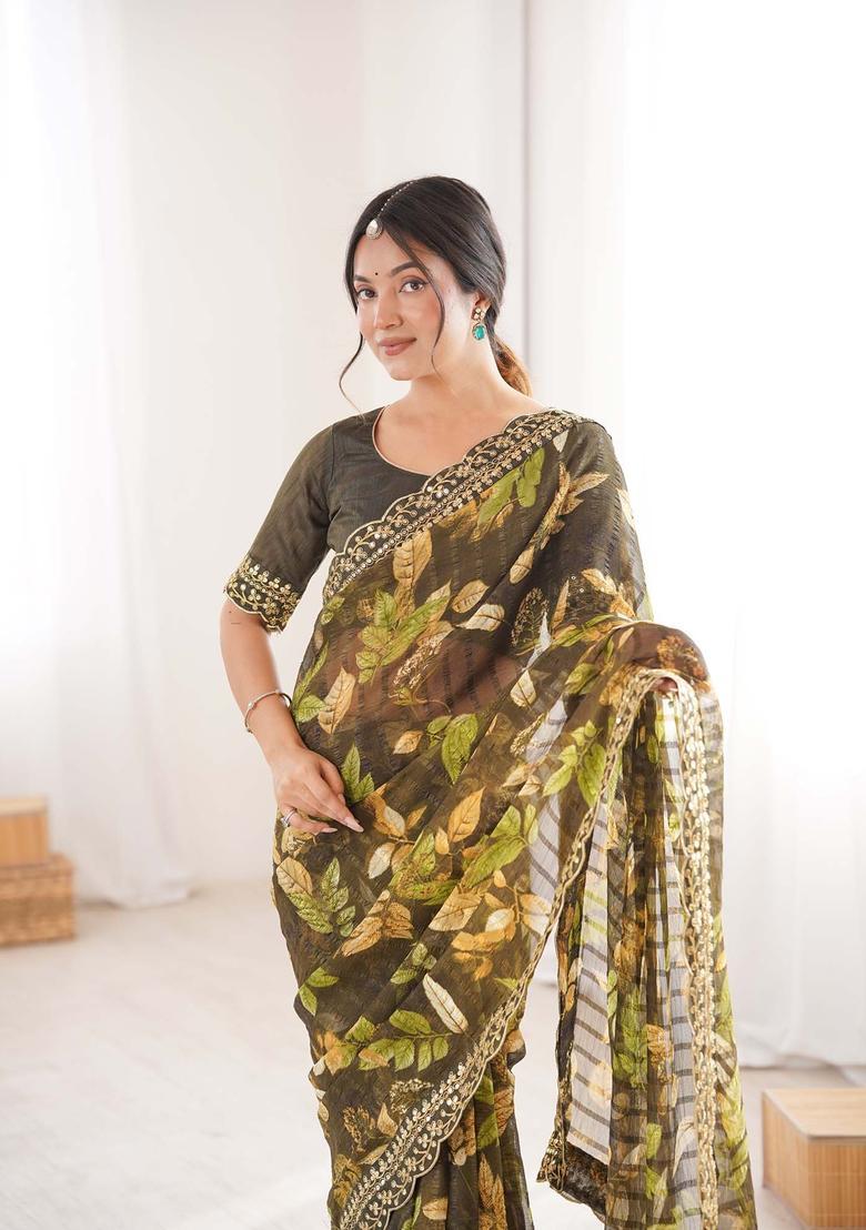Olive Floral Print Marble Saree Set - Indya