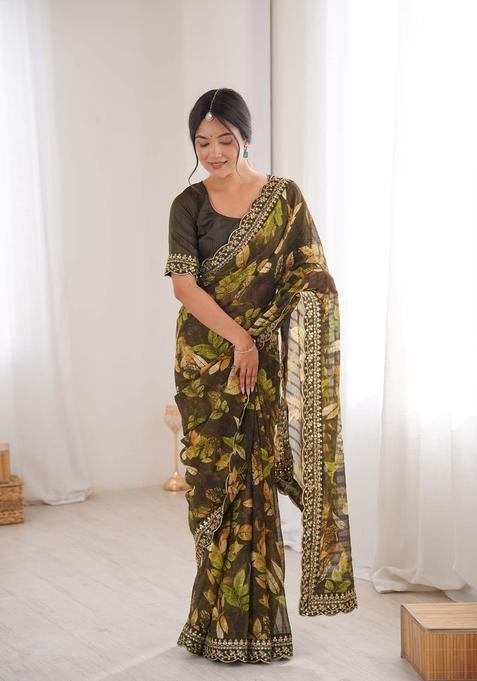 Olive Floral Print Marble Saree Set