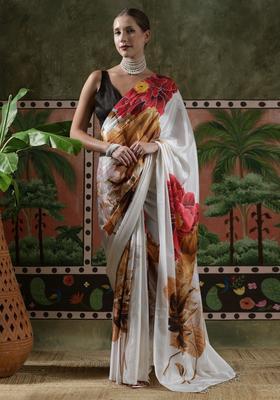 White Floral Print Chinon Saree Set