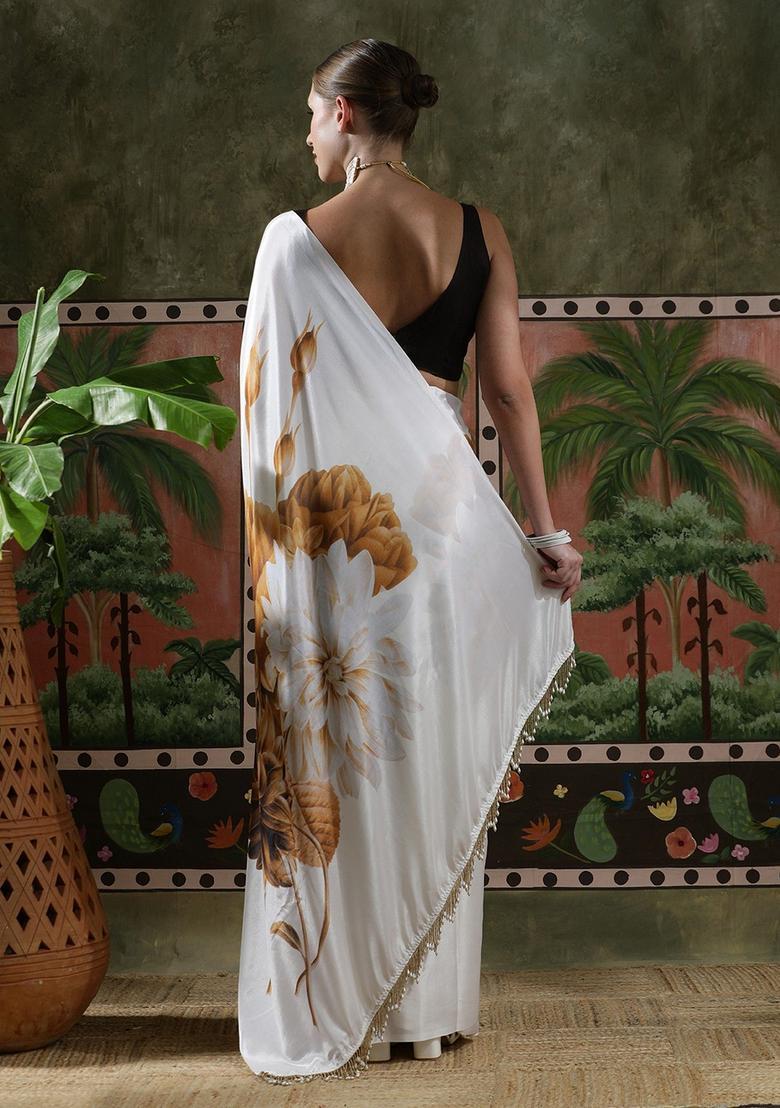 White Floral Print Chinon Saree Set - Indya