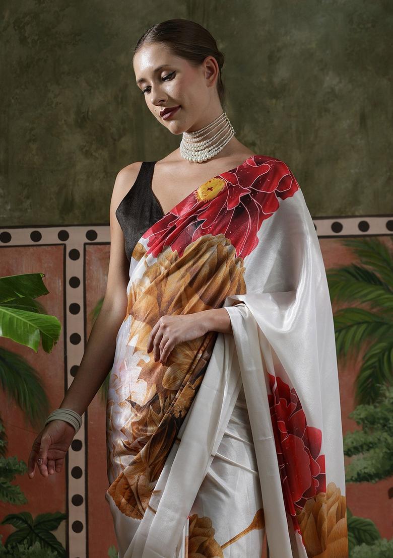 White Floral Print Chinon Saree Set - Indya
