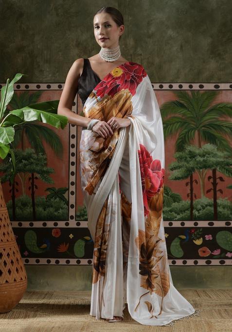 White Floral Print Chinon Saree Set