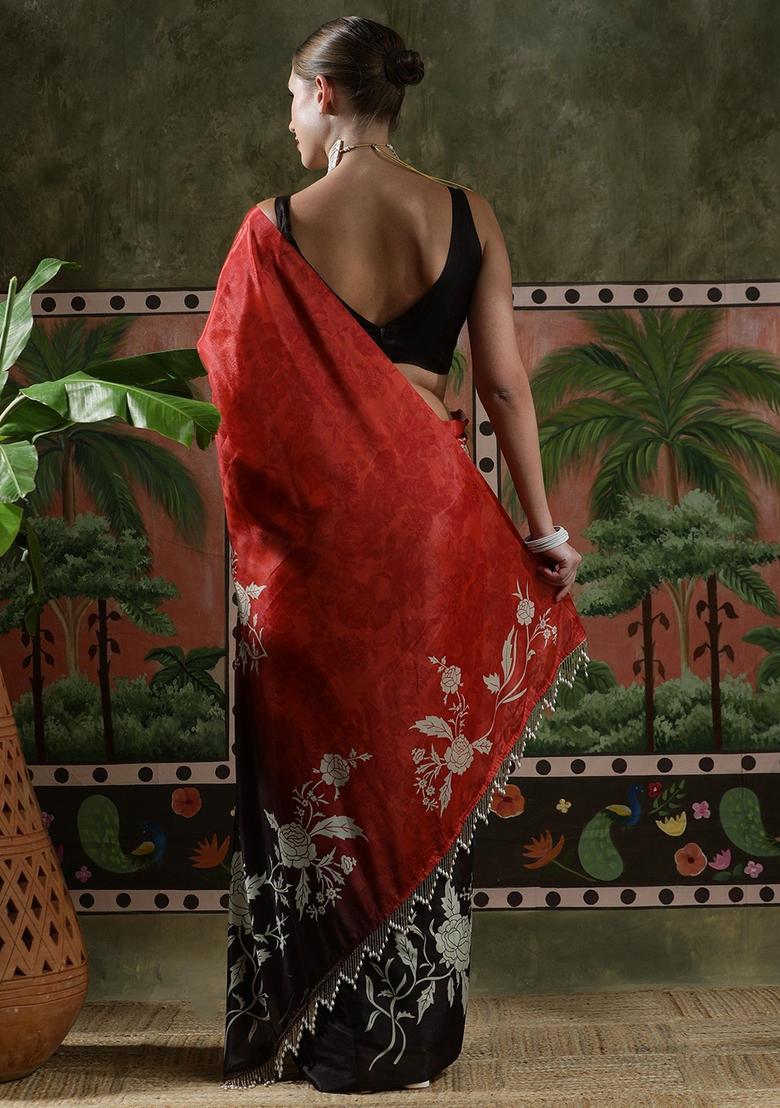 Red Floral Print Chinon Saree Set - Indya