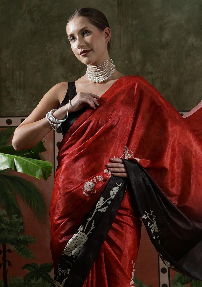 Red Floral Print Chinon Saree Set - Indya