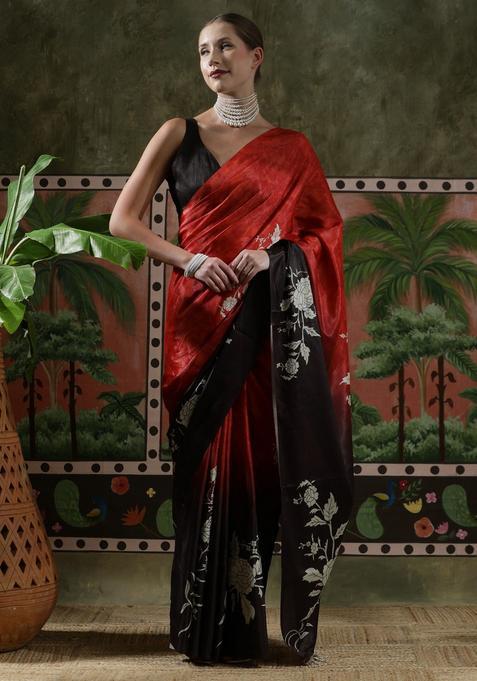 Red Floral Print Chinon Saree Set