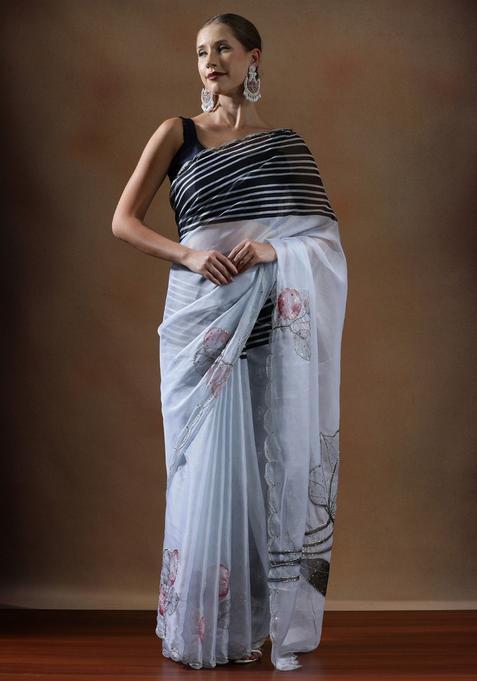 White Stripes Organza Saree Set