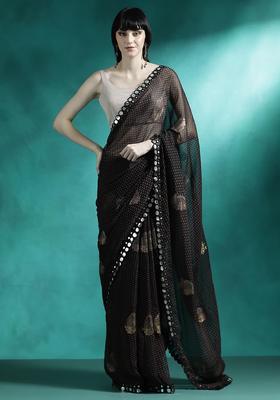 Black Printed Georgette Saree Set