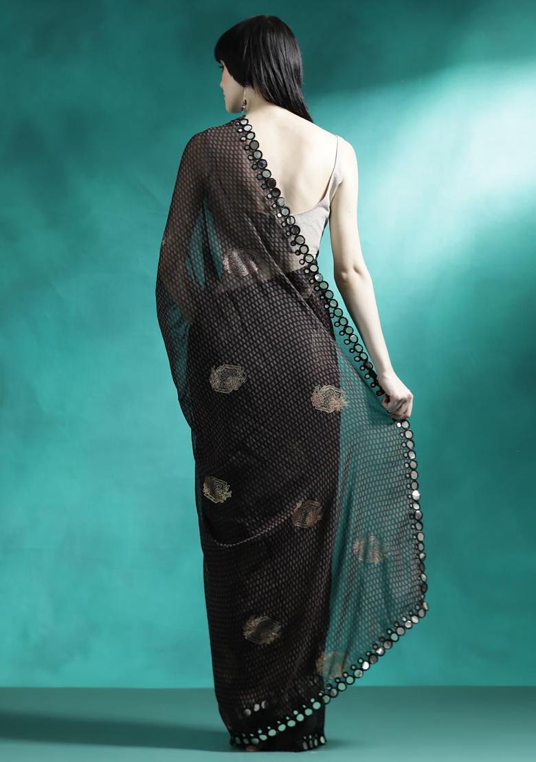 Black Printed Georgette Saree Set - Indya