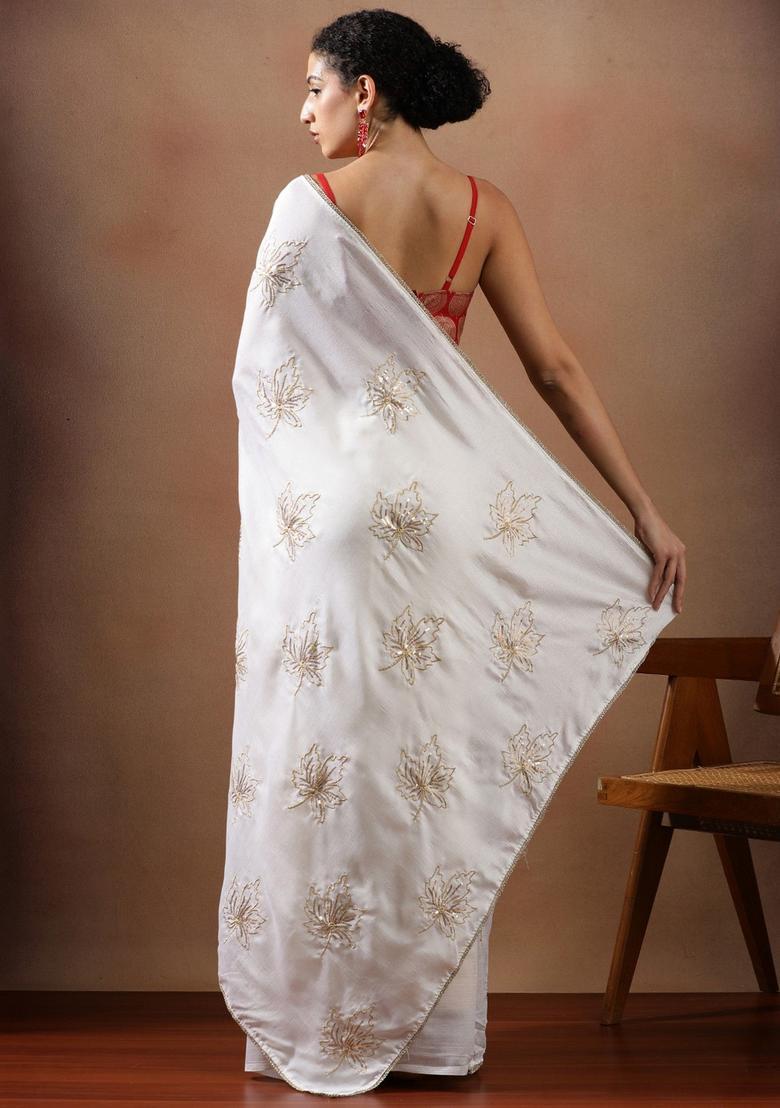 White Embroidered Silk Blend Saree Set - Indya