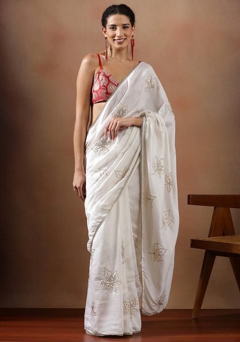 White Embroidered Silk Blend Saree Set