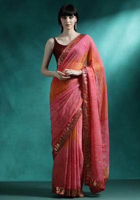 Coral Pink Embroidered Georgette Saree Set