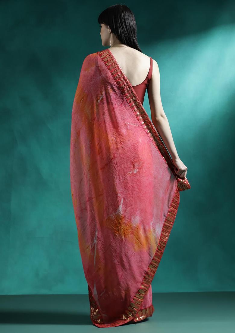 Coral Pink Embroidered Georgette Saree Set - Indya