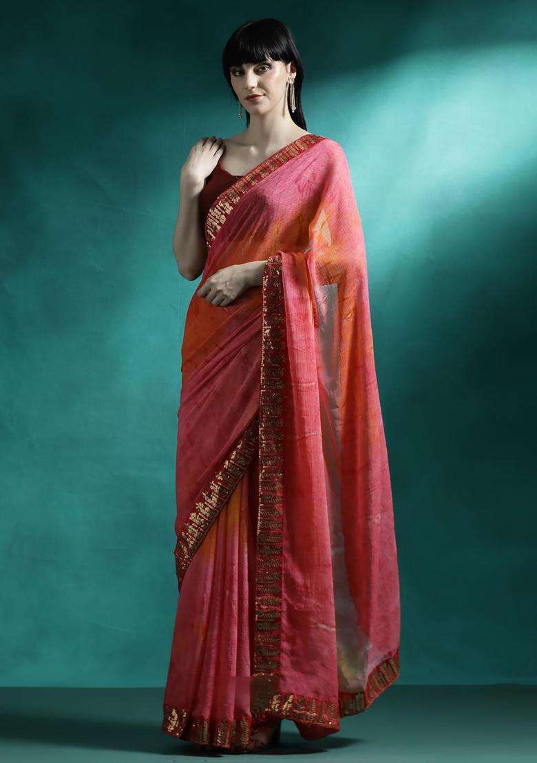 Coral Pink Embroidered Georgette Saree Set for Diwali and Festive Wear - Indya