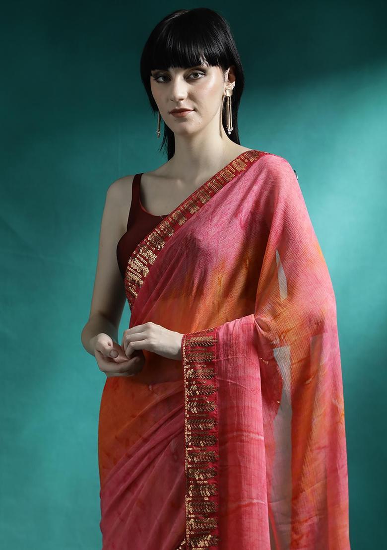 Coral Pink Embroidered Georgette Saree Set - Indya