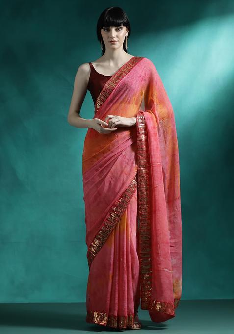 Coral Pink Embroidered Georgette Saree Set
