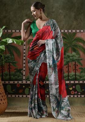 Red Printed Chinon Saree Set