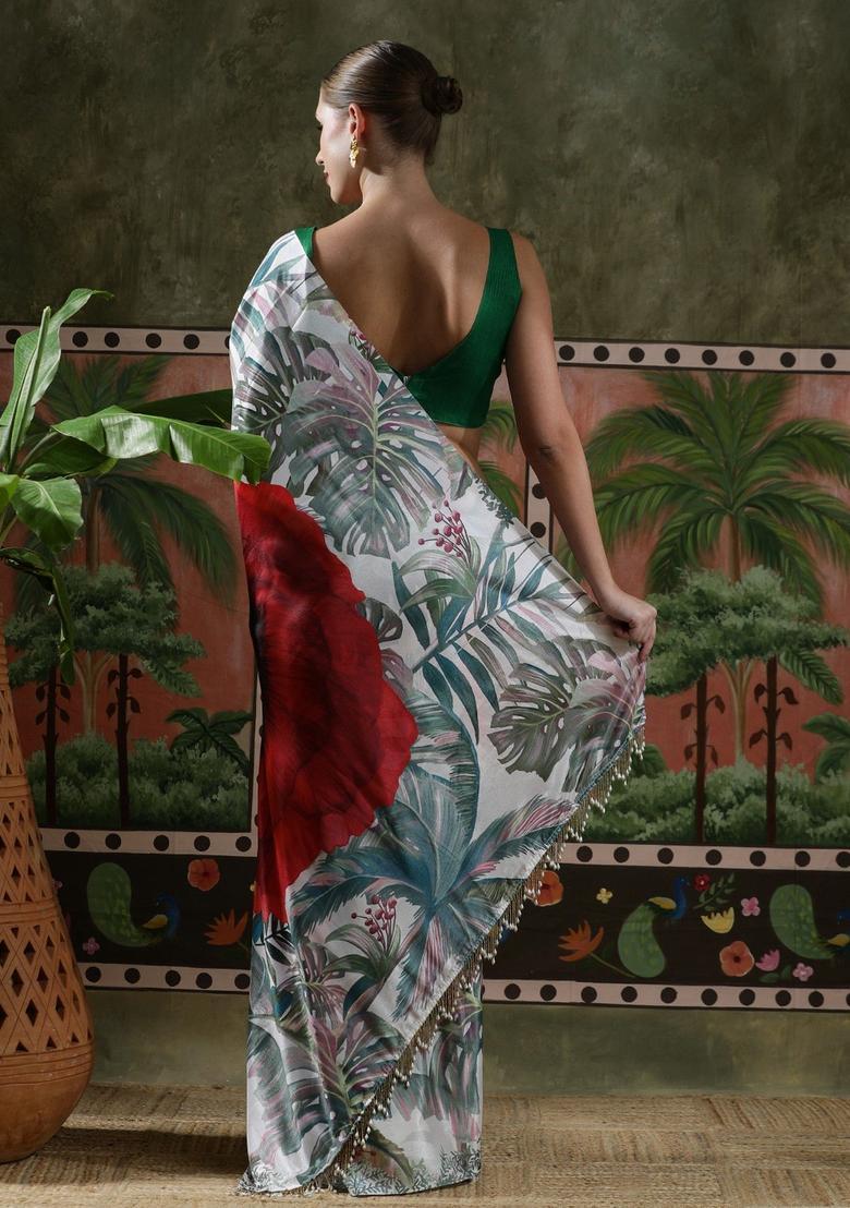 Red Printed Chinon Saree Set - Indya