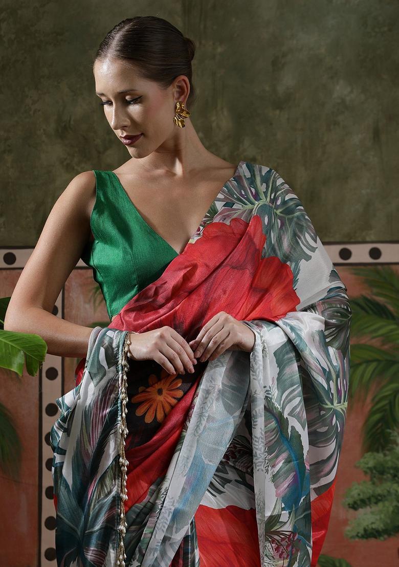 Red Printed Chinon Saree Set - Indya