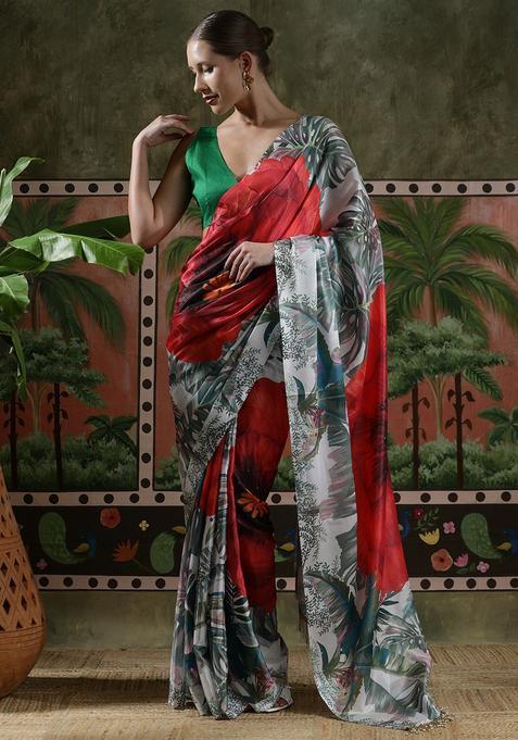 Red Printed Chinon Saree Set