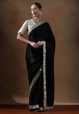 Black Solid Silk Blend Saree Set