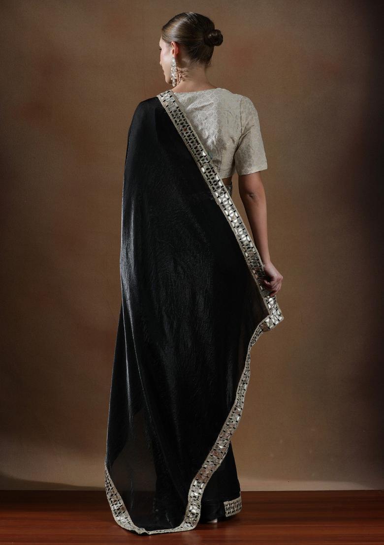 Black Solid Silk Blend Saree Set - Indya