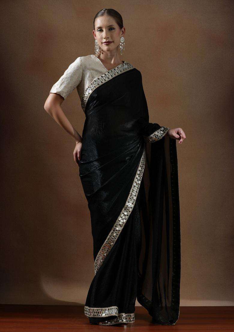 Black Solid Silk Blend Saree Set for Diwali and Festive Wear - Indya