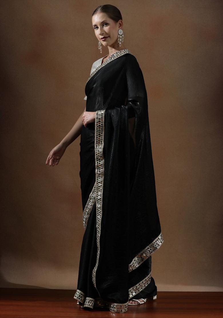 Black Solid Silk Blend Saree Set - Indya