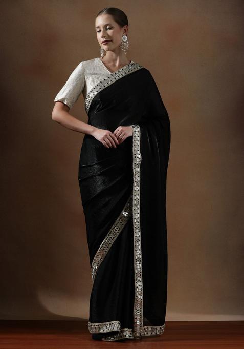 Black Solid Silk Blend Saree Set