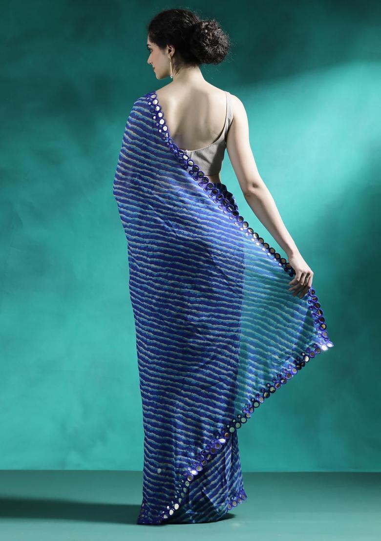 Cobalt Blue Embroidered Georgette Saree Set - Indya
