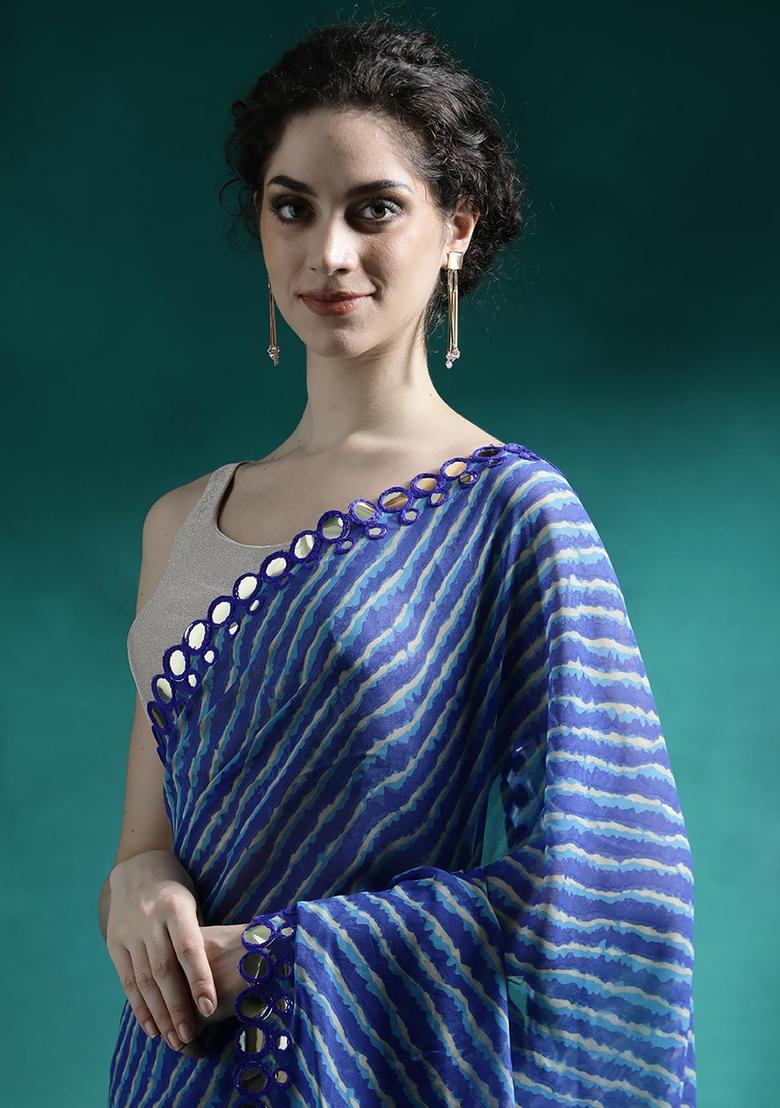 Cobalt Blue Embroidered Georgette Saree Set - Indya