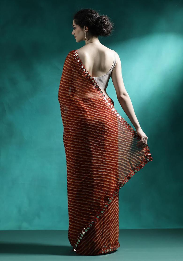 Orange Sequin Work Georgette Saree Set - Indya