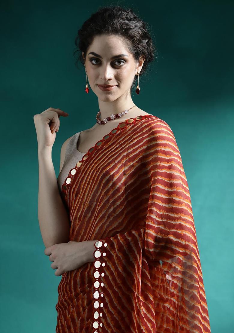 Orange Sequin Work Georgette Saree Set - Indya