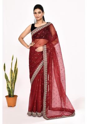 Maroon Embroidered Organza Saree Set