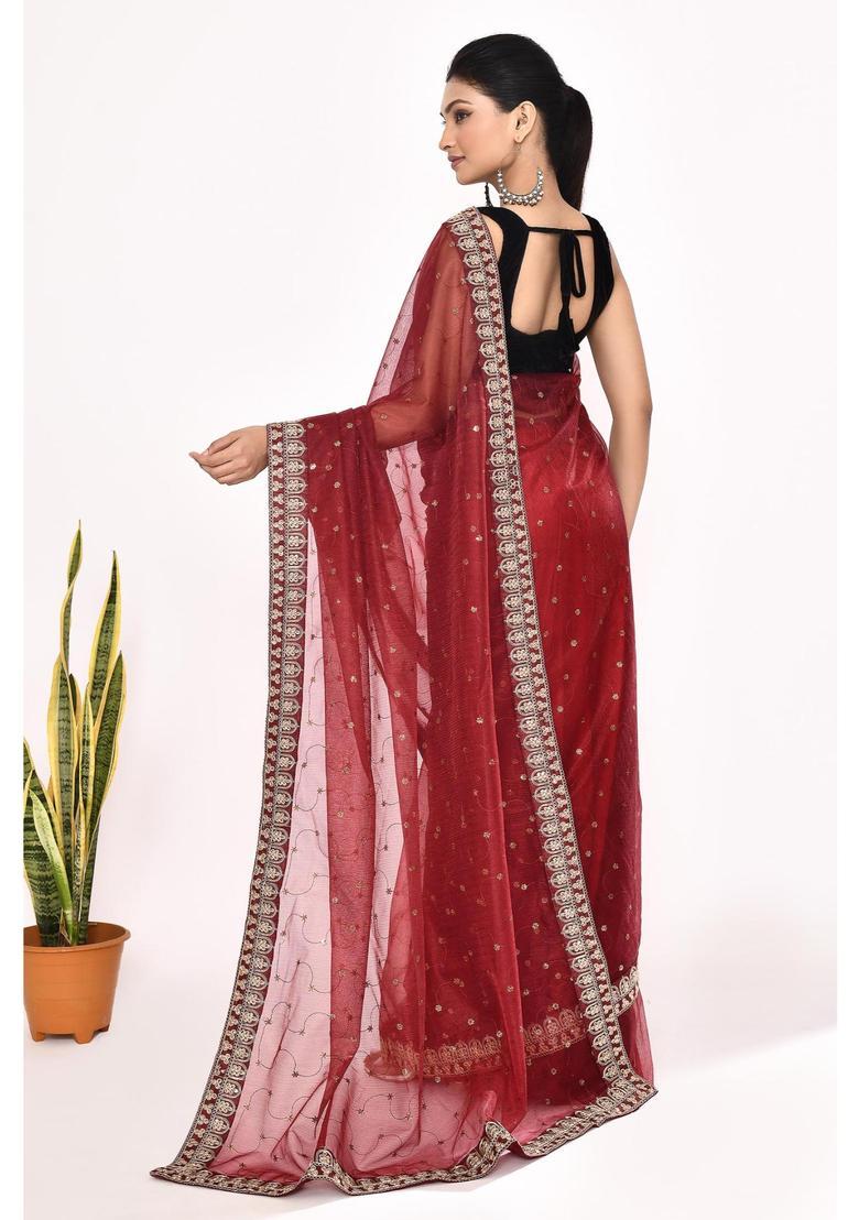 Maroon Embroidered Organza Saree Set - Indya