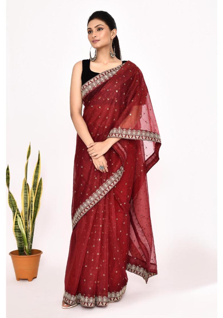 Maroon Embroidered Organza Saree Set - Indya