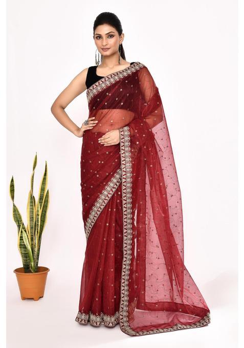 Maroon Embroidered Organza Saree Set