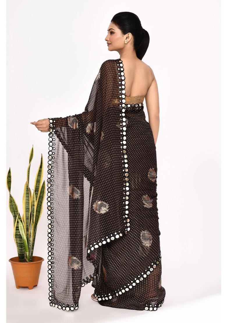 Brown Printed Chiffon Saree Set - Indya