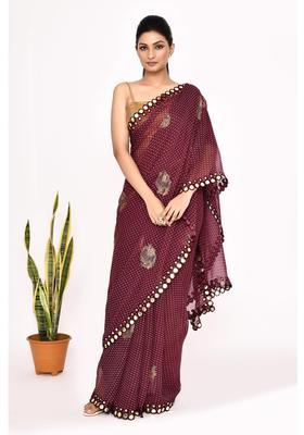 Burgundy Printed Chiffon Saree Set