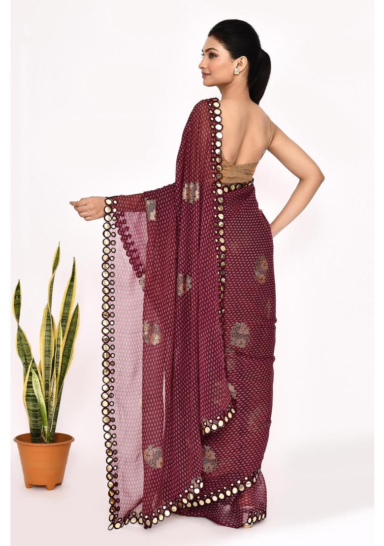 Burgundy Printed Chiffon Saree Set - Indya